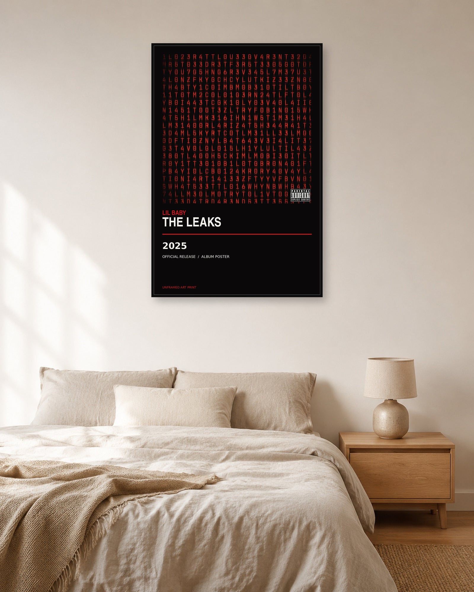 Lil Baby The Leaks album poster displayed in natural light bedroom