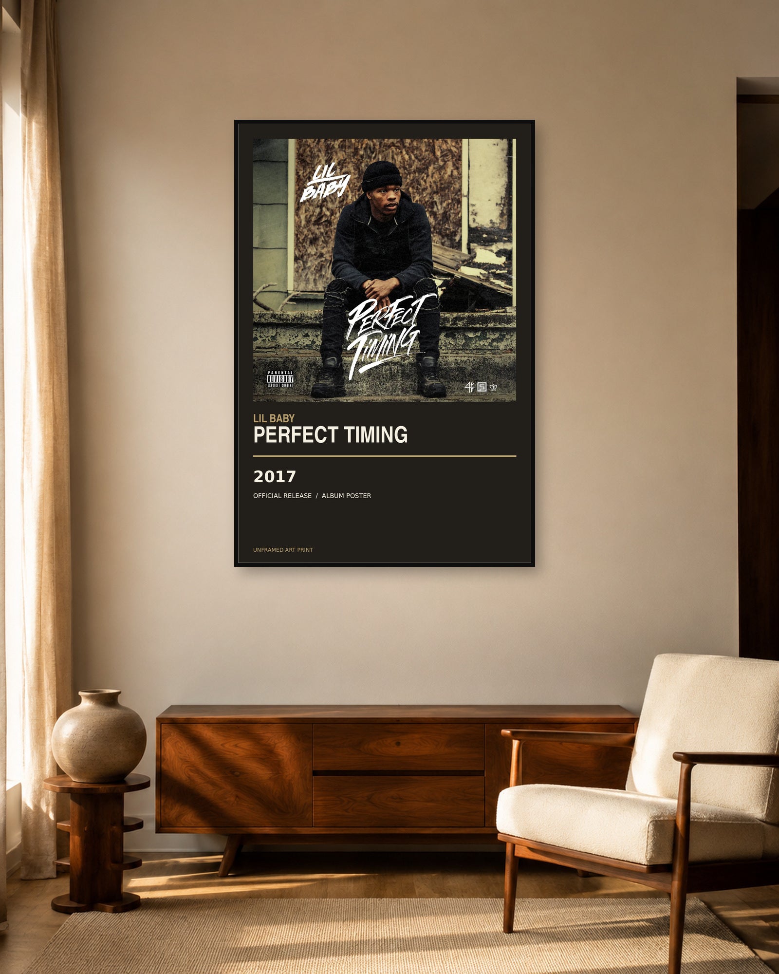 Lil Baby Perfect Timing album poster displayed in warm mid-century living room