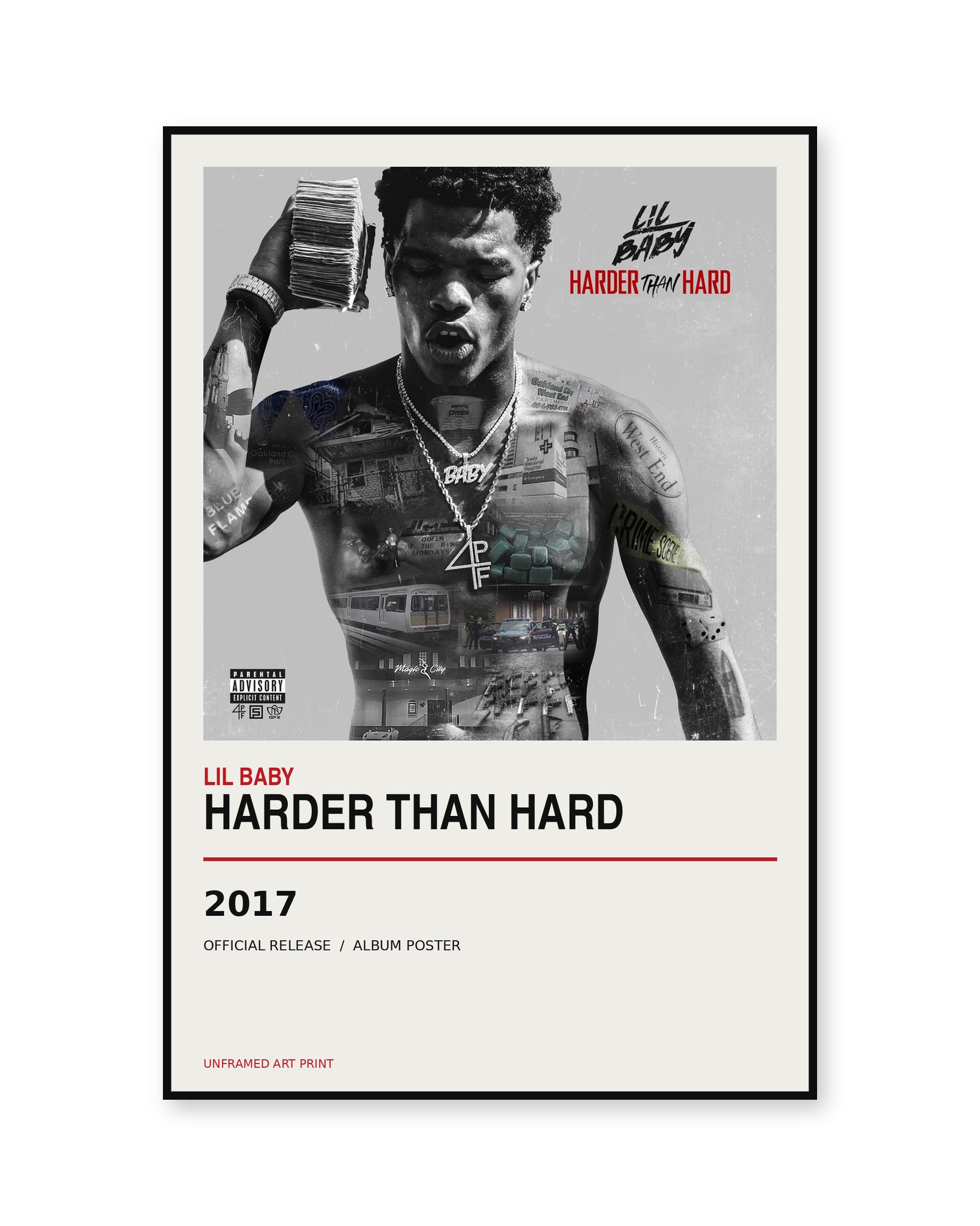 Lil Baby Harder Than Hard album poster, unframed, shown in thin black display frame on white background
