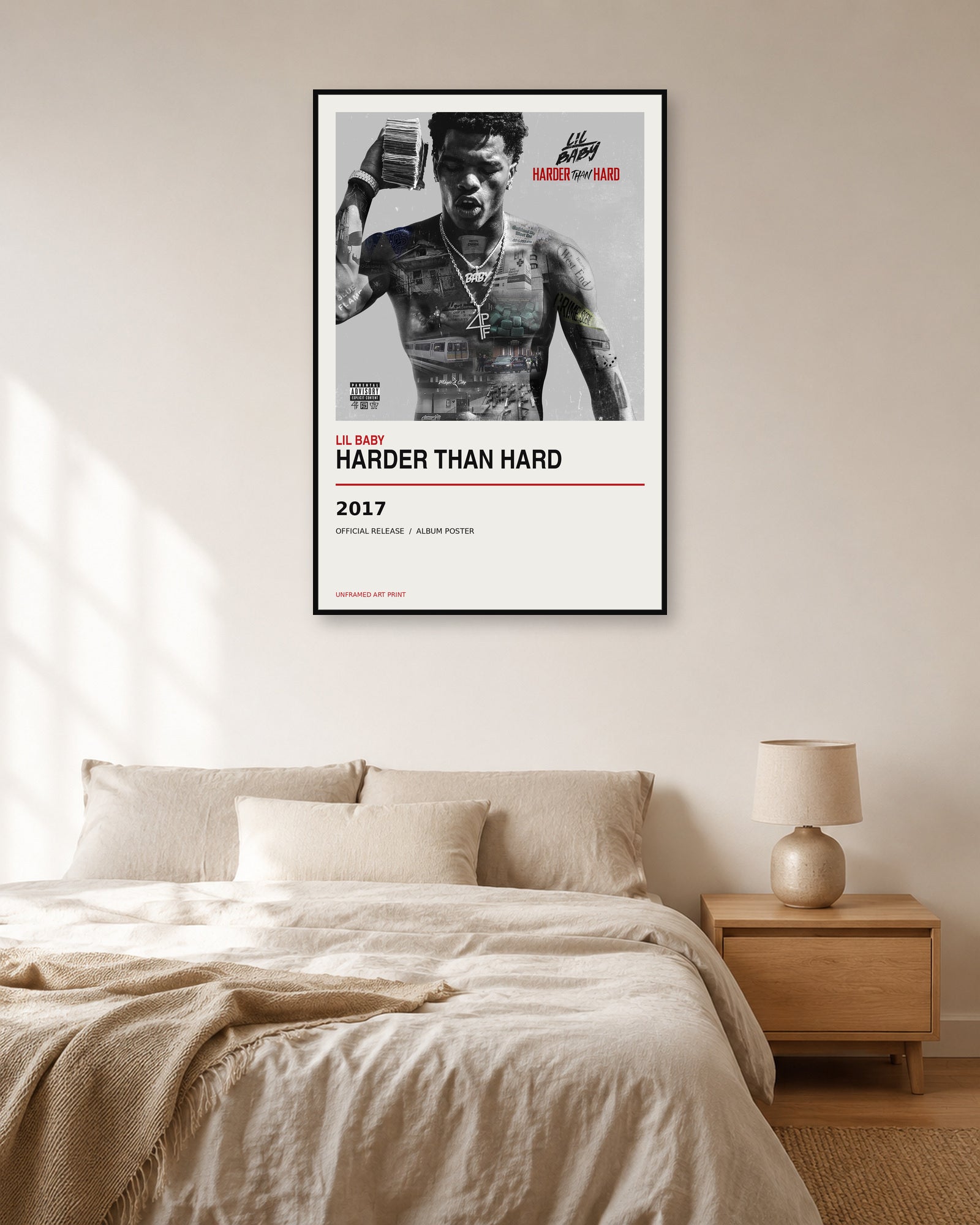 Lil Baby Harder Than Hard album poster displayed in natural light bedroom