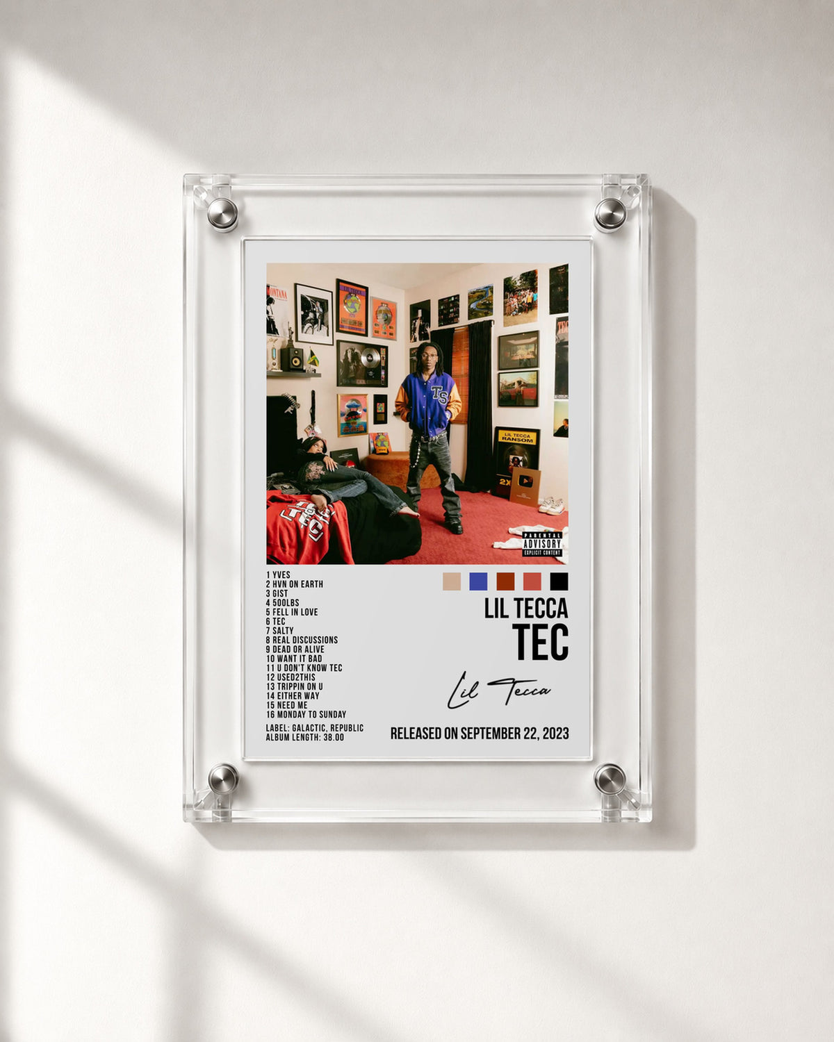 Lil Tecca TEC White Tracklist Poster; frame close-up; transparent acrylic frame for display only. Print sold unframed.