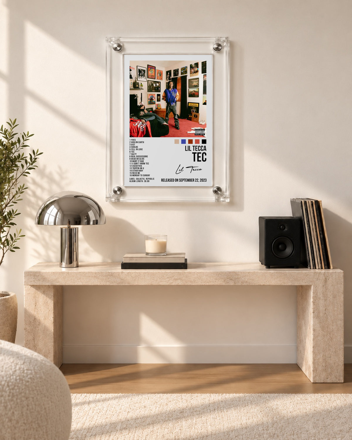 Lil Tecca TEC White Tracklist Poster; console room scene; transparent acrylic frame for display only. Print sold unframed.