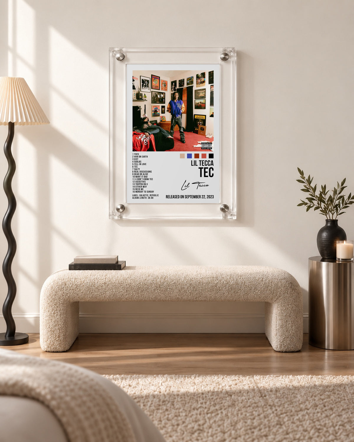 Lil Tecca TEC White Tracklist Poster; bench room scene; transparent acrylic frame for display only. Print sold unframed.