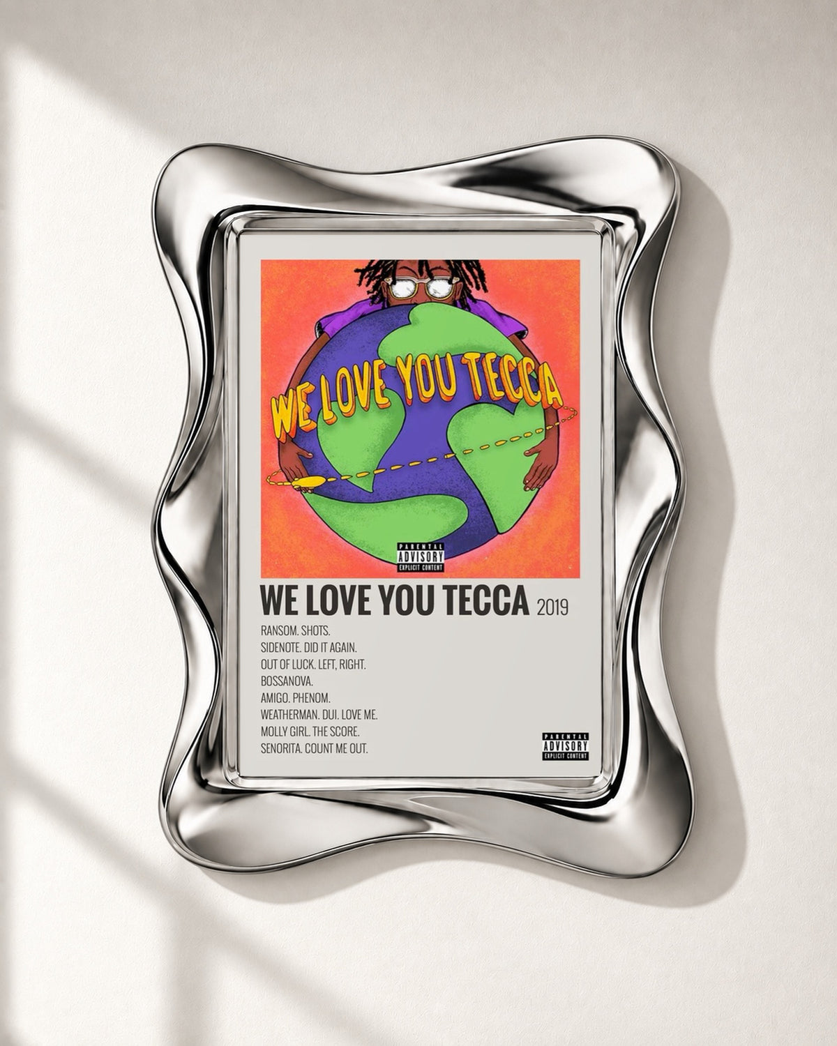 Lil Tecca We Love You Tecca Cream Tracklist Poster; frame close-up; silver wave frame for display only. Print sold unframed.