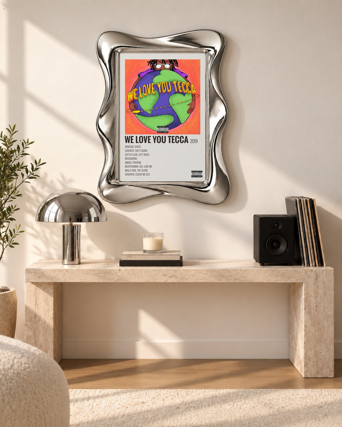 Lil Tecca We Love You Tecca Cream Tracklist Poster; console room scene; silver wave frame for display only. Print sold unframed.