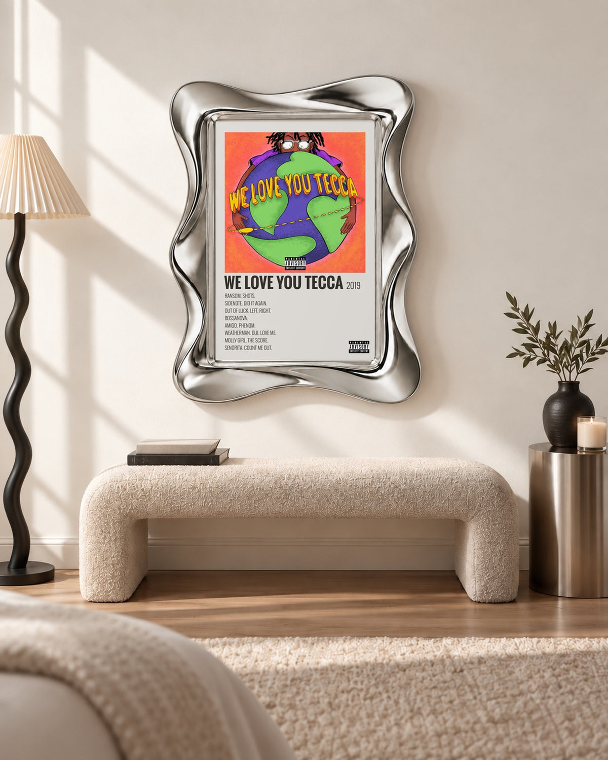 Lil Tecca We Love You Tecca Cream Tracklist Poster; bench room scene; silver wave frame for display only. Print sold unframed.