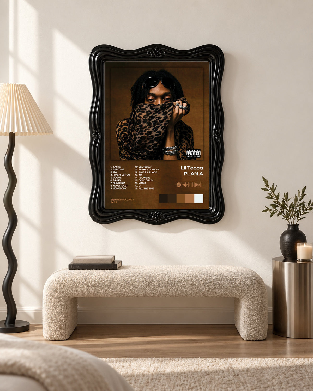 Lil Tecca PLAN A Brown and Gold Tracklist Poster; bench room scene; black ornate frame for display only. Print sold unframed.