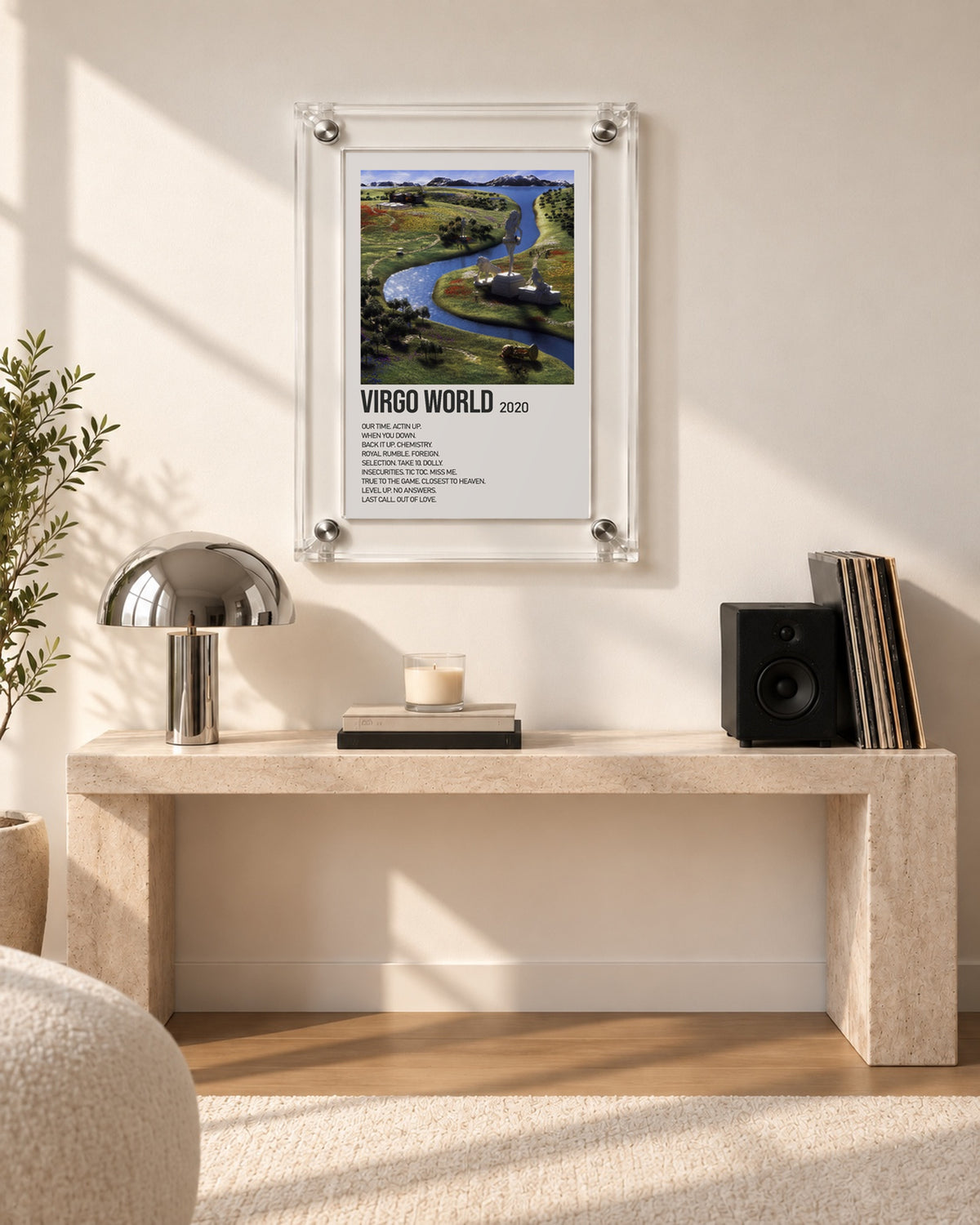 Lil Tecca Virgo World Cream Tracklist Poster; console room scene; transparent acrylic frame for display only. Print sold unframed.