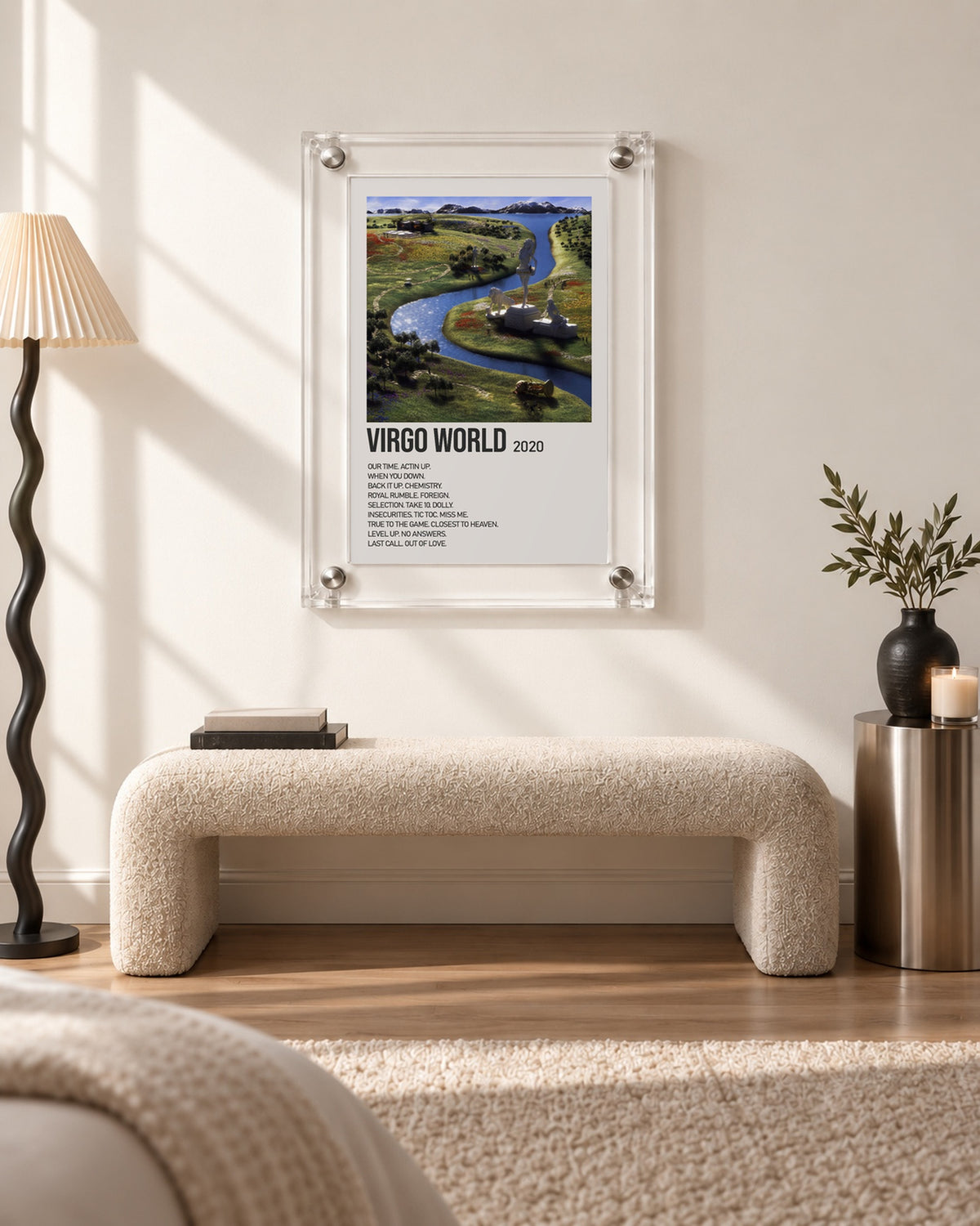 Lil Tecca Virgo World Cream Tracklist Poster; bench room scene; transparent acrylic frame for display only. Print sold unframed.