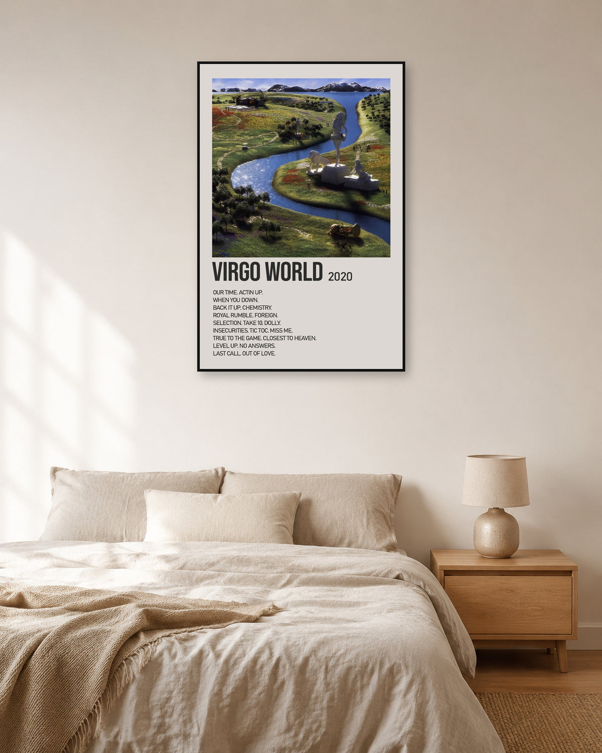 Lil Tecca Virgo World Cream Tracklist Poster — natural-light bedroom display. Print sold unframed; frame for display only.