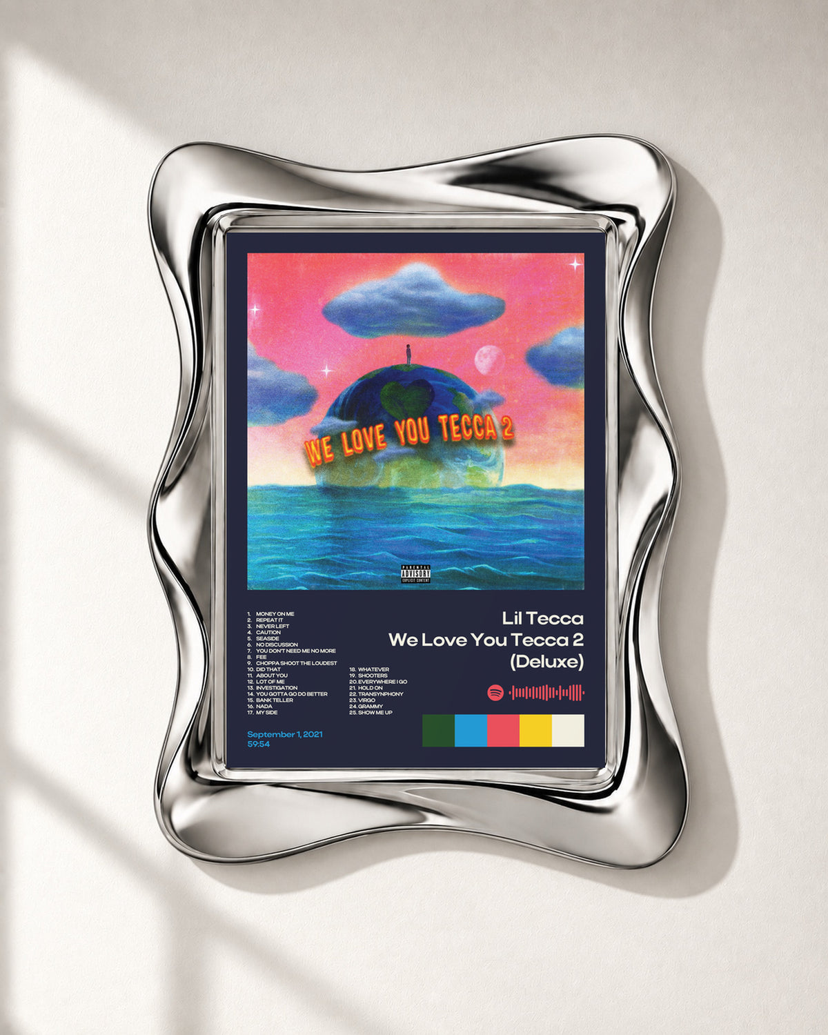 Lil Tecca We Love You Tecca 2 (Deluxe) Navy Tracklist Poster; frame close-up; silver wave frame for display only. Print sold unframed.