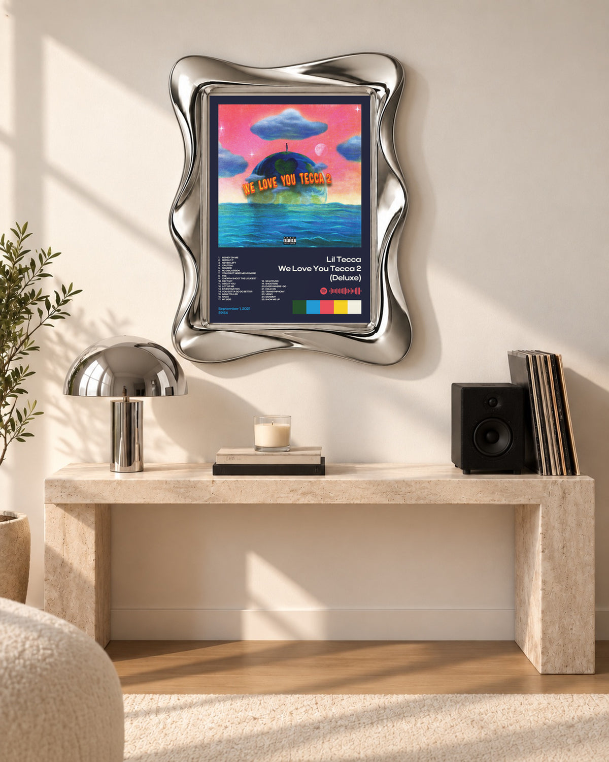 Lil Tecca We Love You Tecca 2 (Deluxe) Navy Tracklist Poster; console room scene; silver wave frame for display only. Print sold unframed.