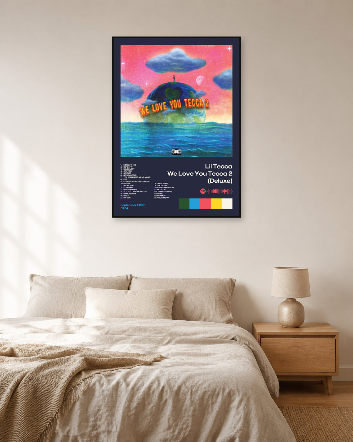 Lil Tecca We Love You Tecca 2 (Deluxe) Navy Tracklist Poster — natural-light bedroom display. Print sold unframed; frame for display only.