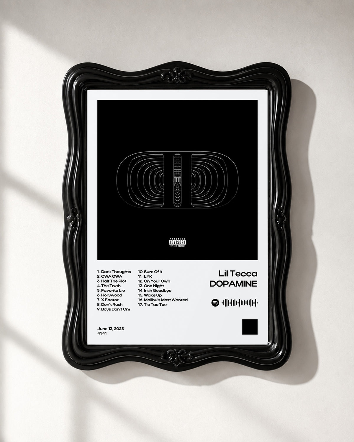 Lil Tecca DOPAMINE White Tracklist Poster; frame close-up; black ornate frame for display only. Print sold unframed.