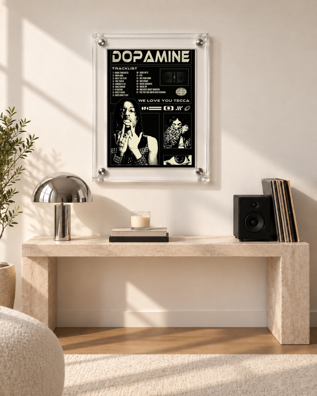 Lil Tecca DOPAMINE Black and Cream Collage Poster; console room scene; transparent acrylic frame for display only. Print sold unframed.