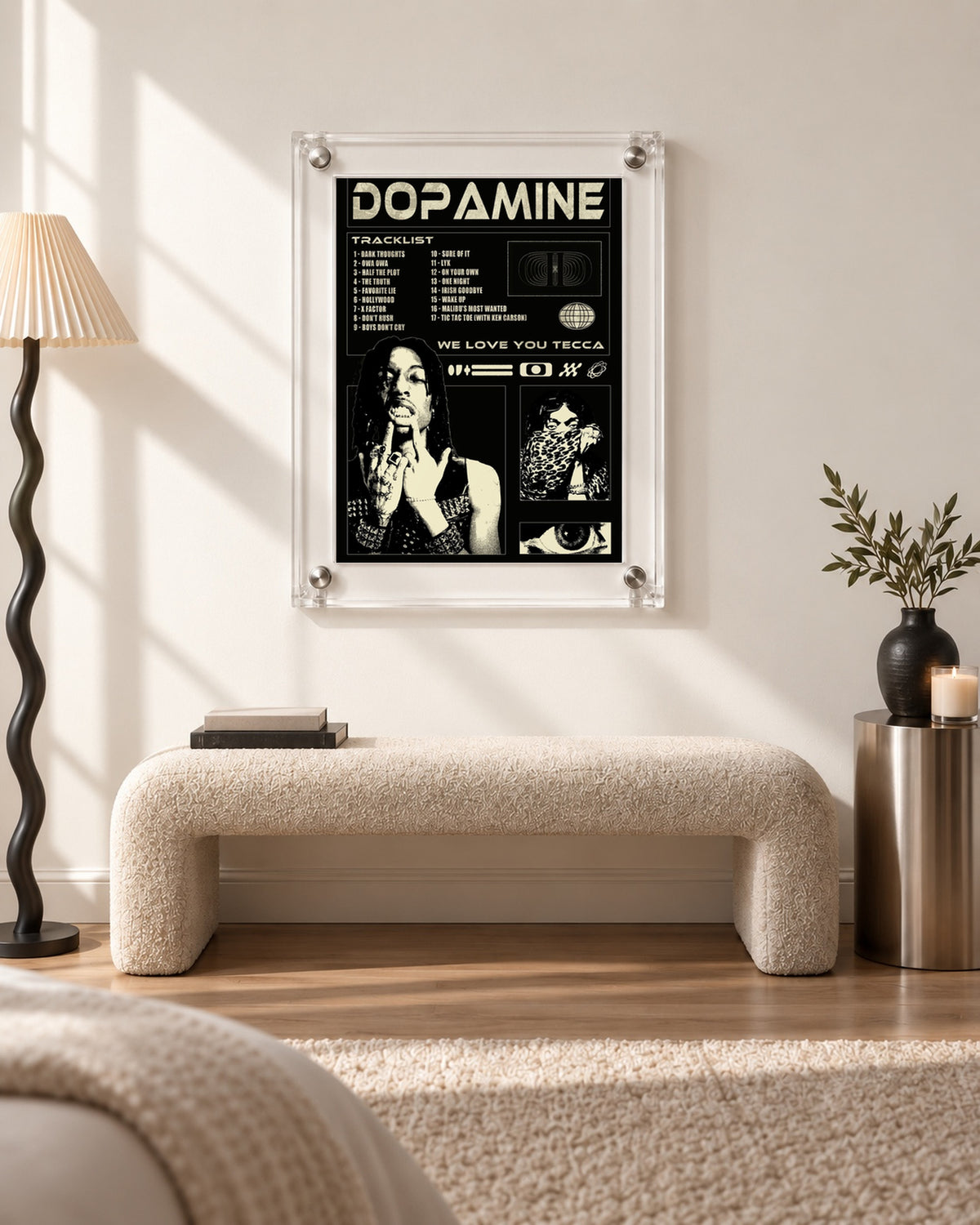 Lil Tecca DOPAMINE Black and Cream Collage Poster; bench room scene; transparent acrylic frame for display only. Print sold unframed.