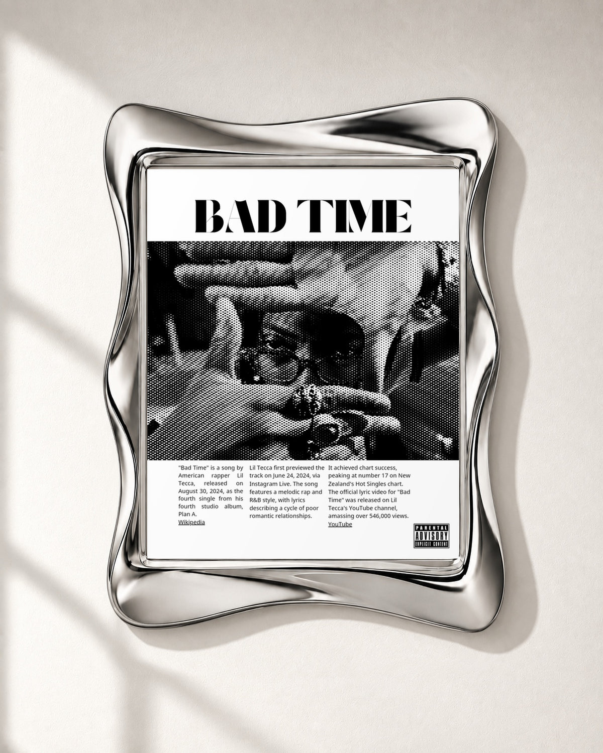 Lil Tecca BAD TIME Halftone Portrait Poster; frame close-up; silver wave frame for display only. Print sold unframed.