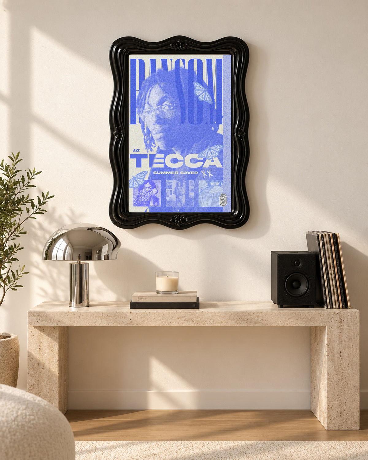 Lil Tecca Ransom Blue Butterfly Portrait Poster; console room scene; black ornate frame for display only. Print sold unframed.
