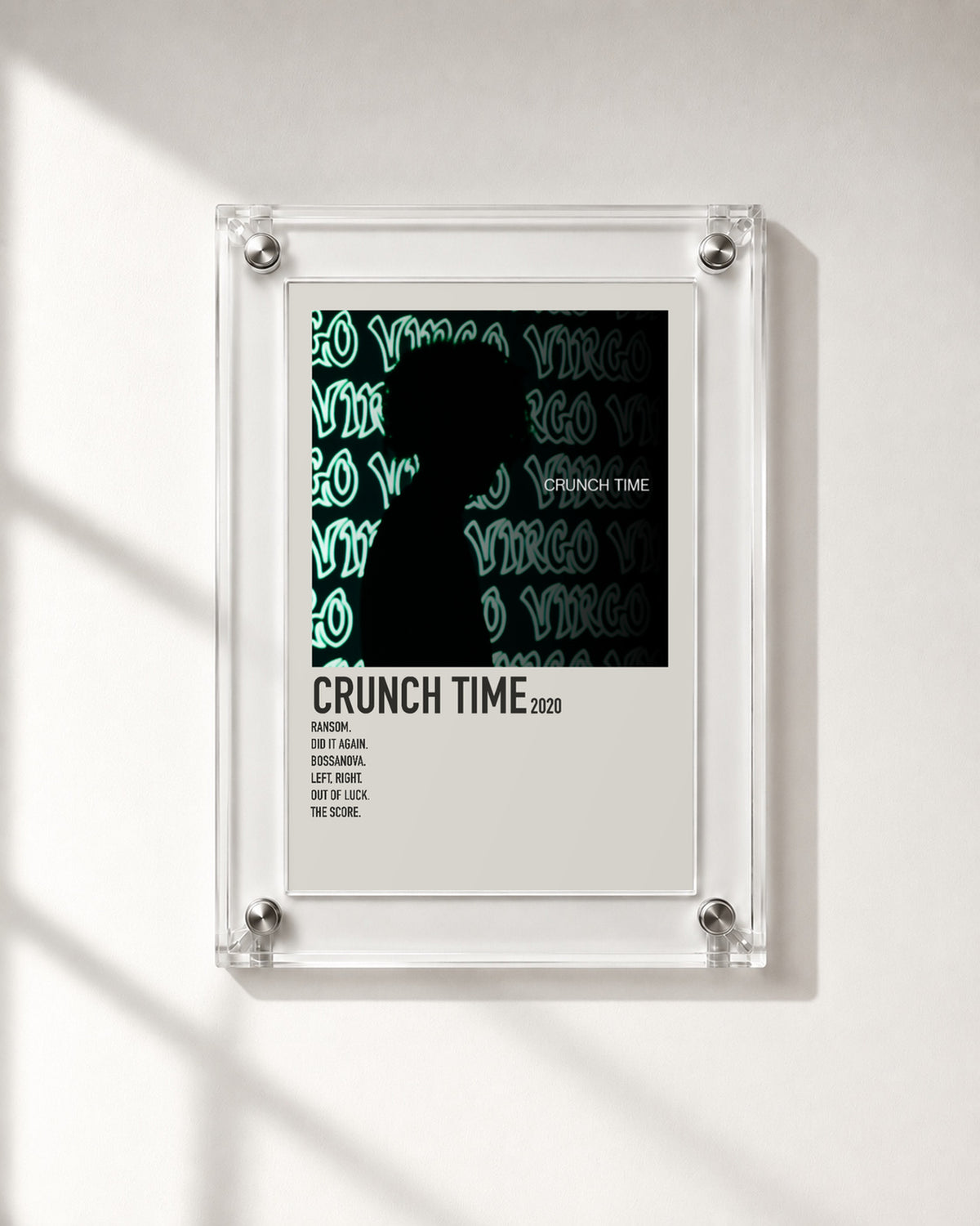Lil Tecca Crunch Time Cream Tracklist Poster; frame close-up; transparent acrylic frame for display only. Print sold unframed.