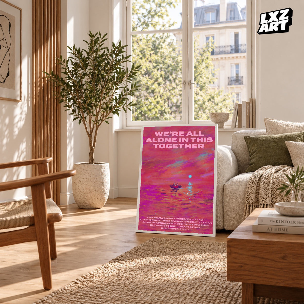 Dave We're All Alone in This Together Pink Title poster – sunlit room display; frame not included