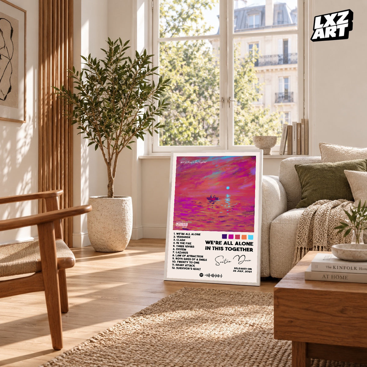Dave We're All Alone in This Together White Tracklist poster – sunlit room display; frame not included