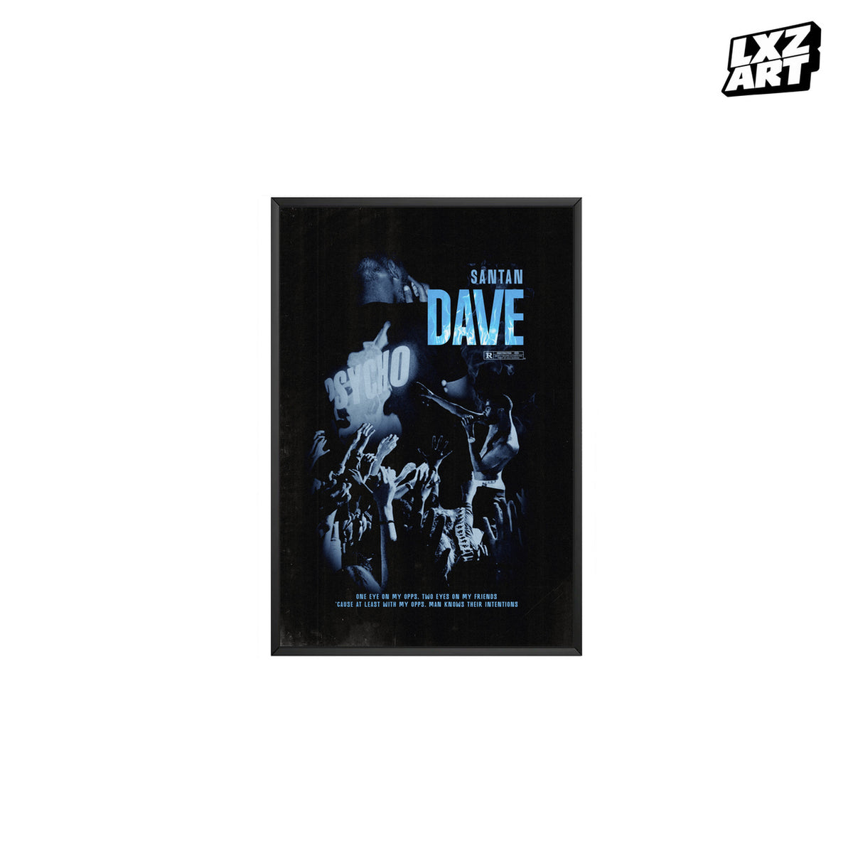 Dave Psycho Blue Performance poster – white background black frame; frame not included