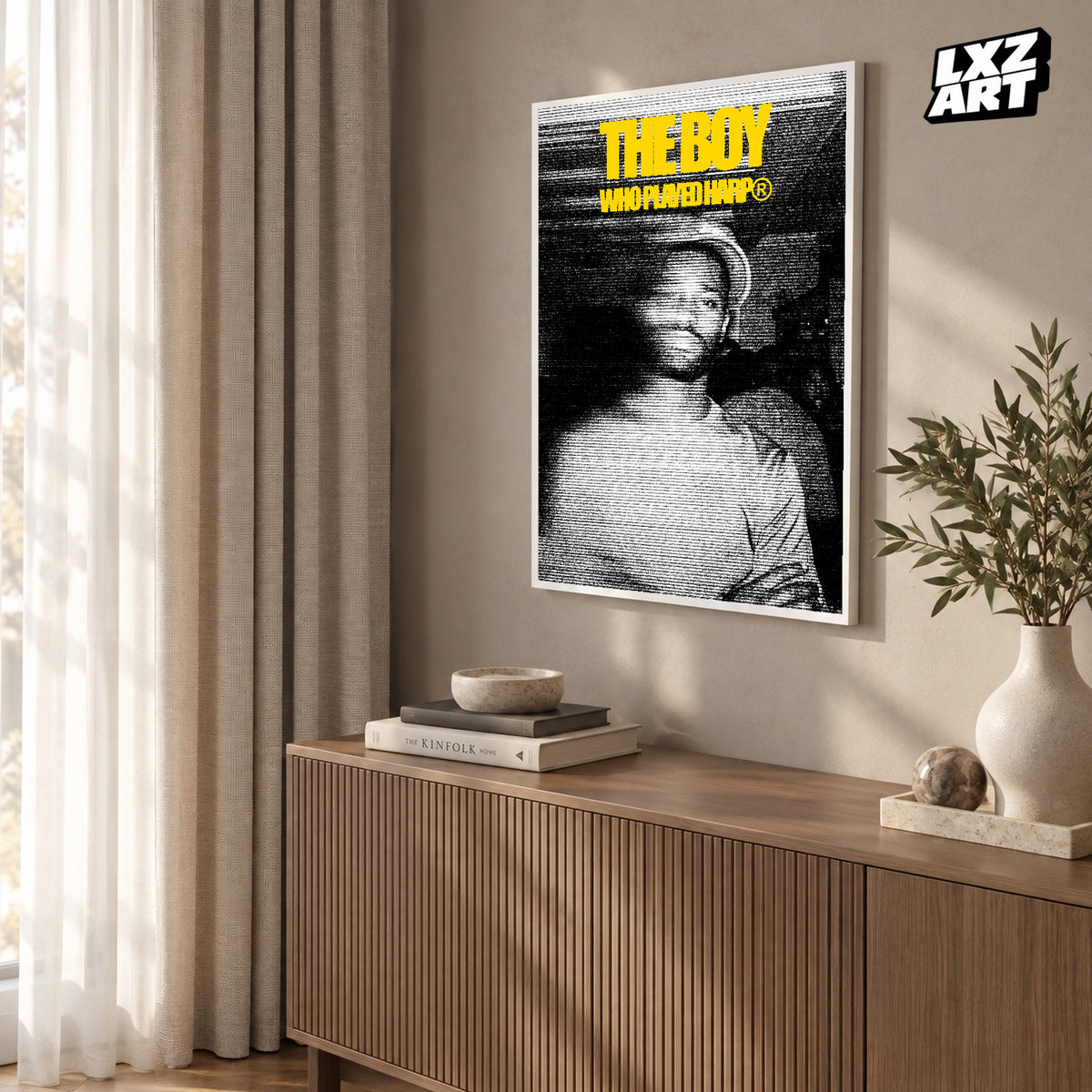 Dave The Boy Who Played the Harp Yellow Halftone poster – warm wall display; frame not included