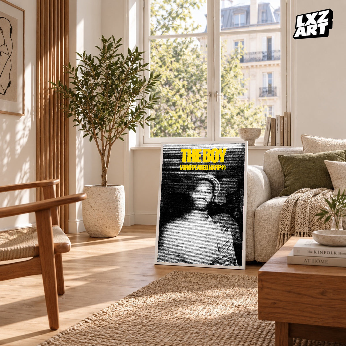 Dave The Boy Who Played the Harp Yellow Halftone poster – sunlit room display; frame not included