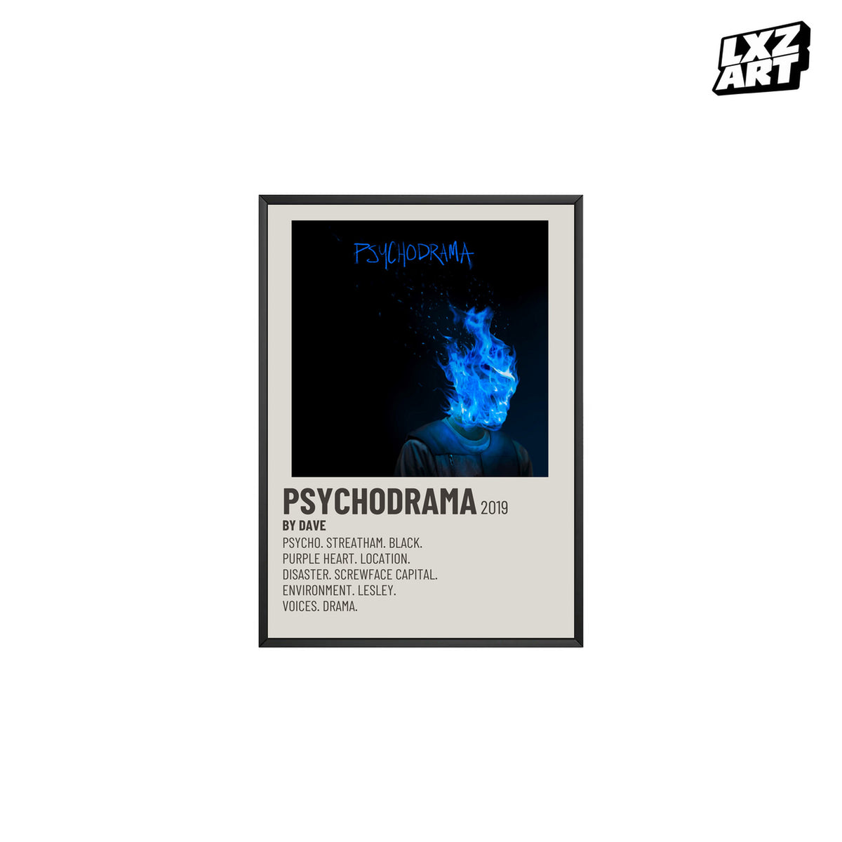 Dave Psychodrama Cream Tracklist poster – white background black frame; frame not included