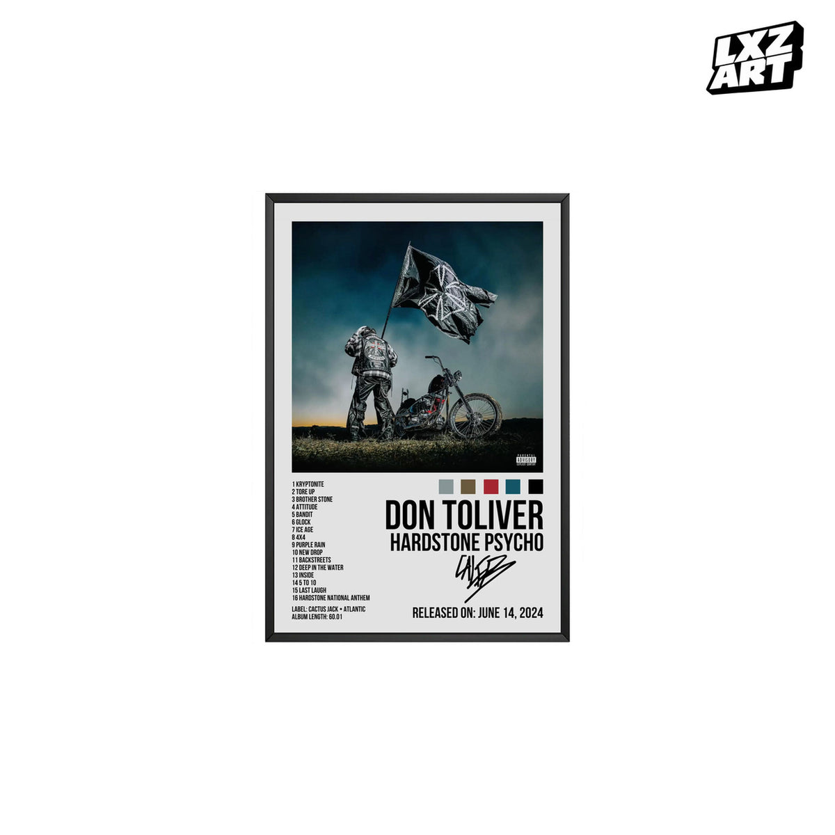 Don Toliver Hardstone Psycho White Signature Tracklist poster – white background black frame; frame not included