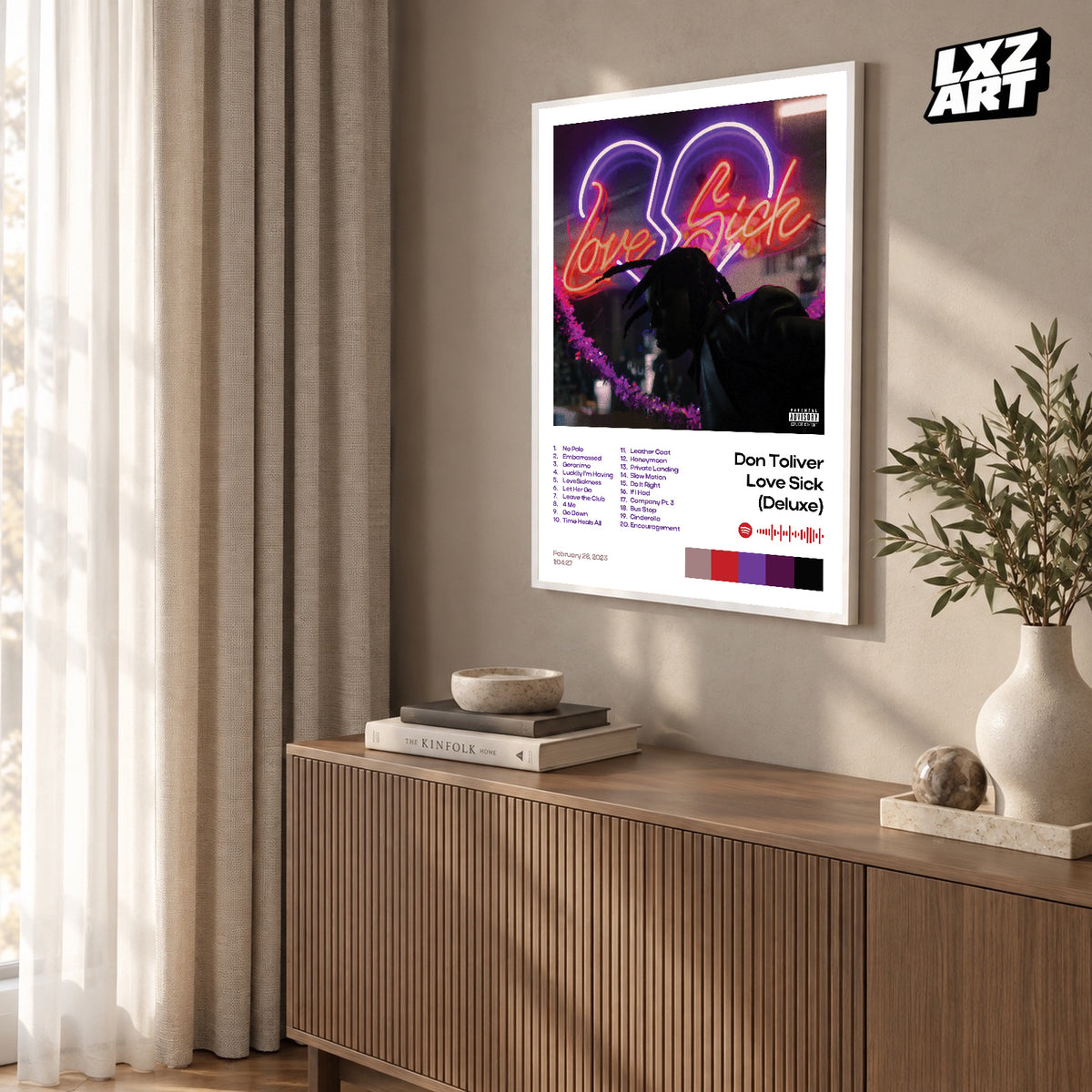 Don Toliver Love Sick Deluxe White Tracklist poster – warm wall display; frame not included