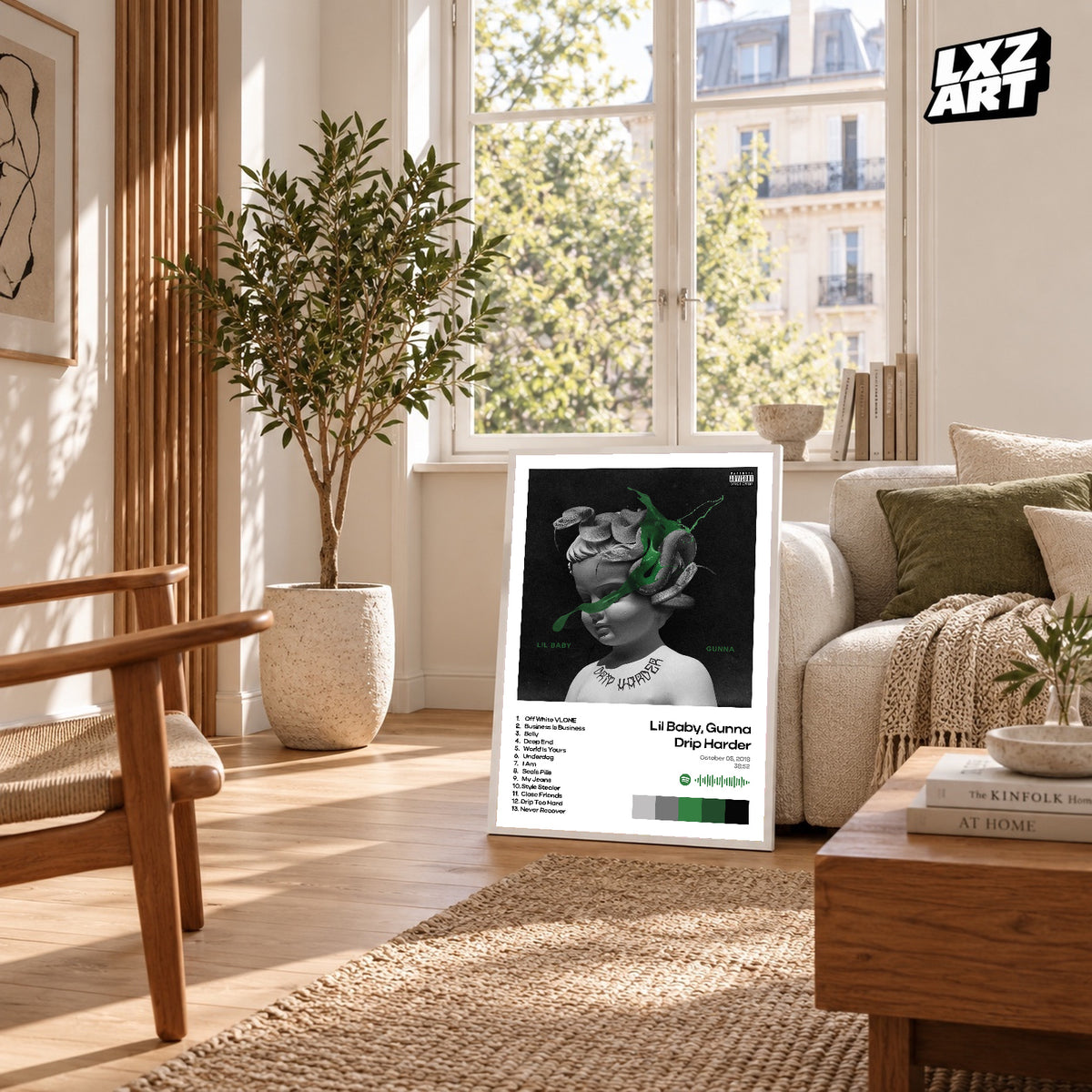 Lil Baby & Gunna Drip Harder White Tracklist poster – sunlit room display; frame not included