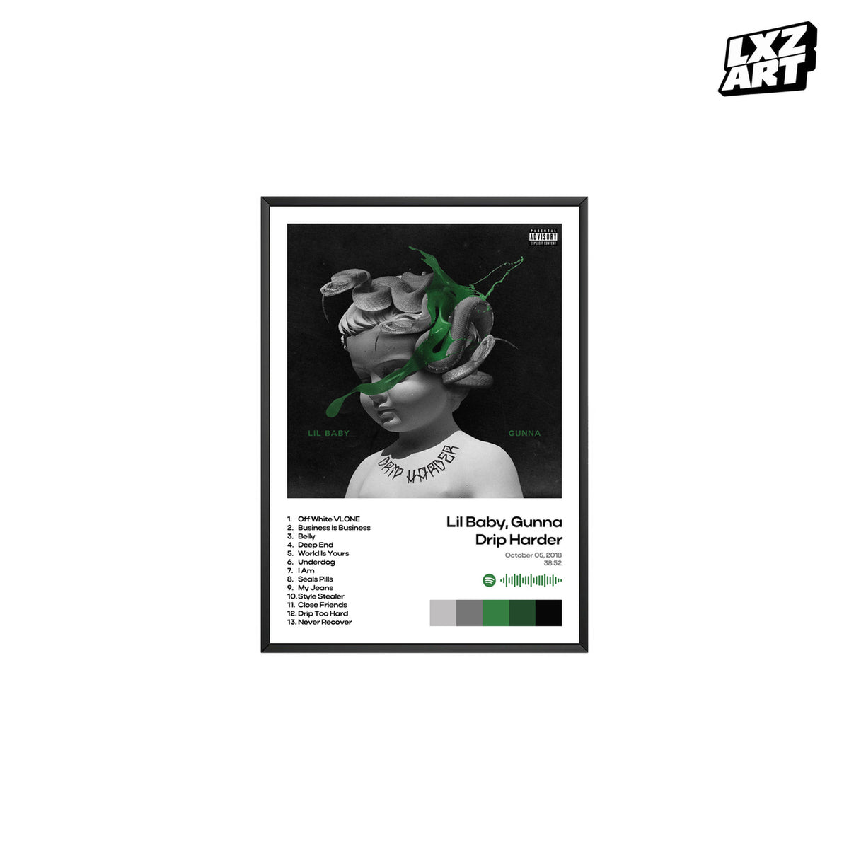 Lil Baby & Gunna Drip Harder White Tracklist poster – white background black frame; frame not included