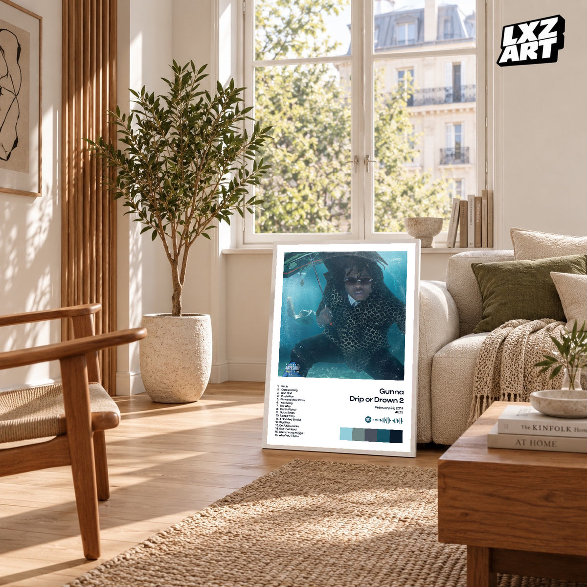Gunna Drip or Drown 2 White Tracklist poster – sunlit room display; frame not included
