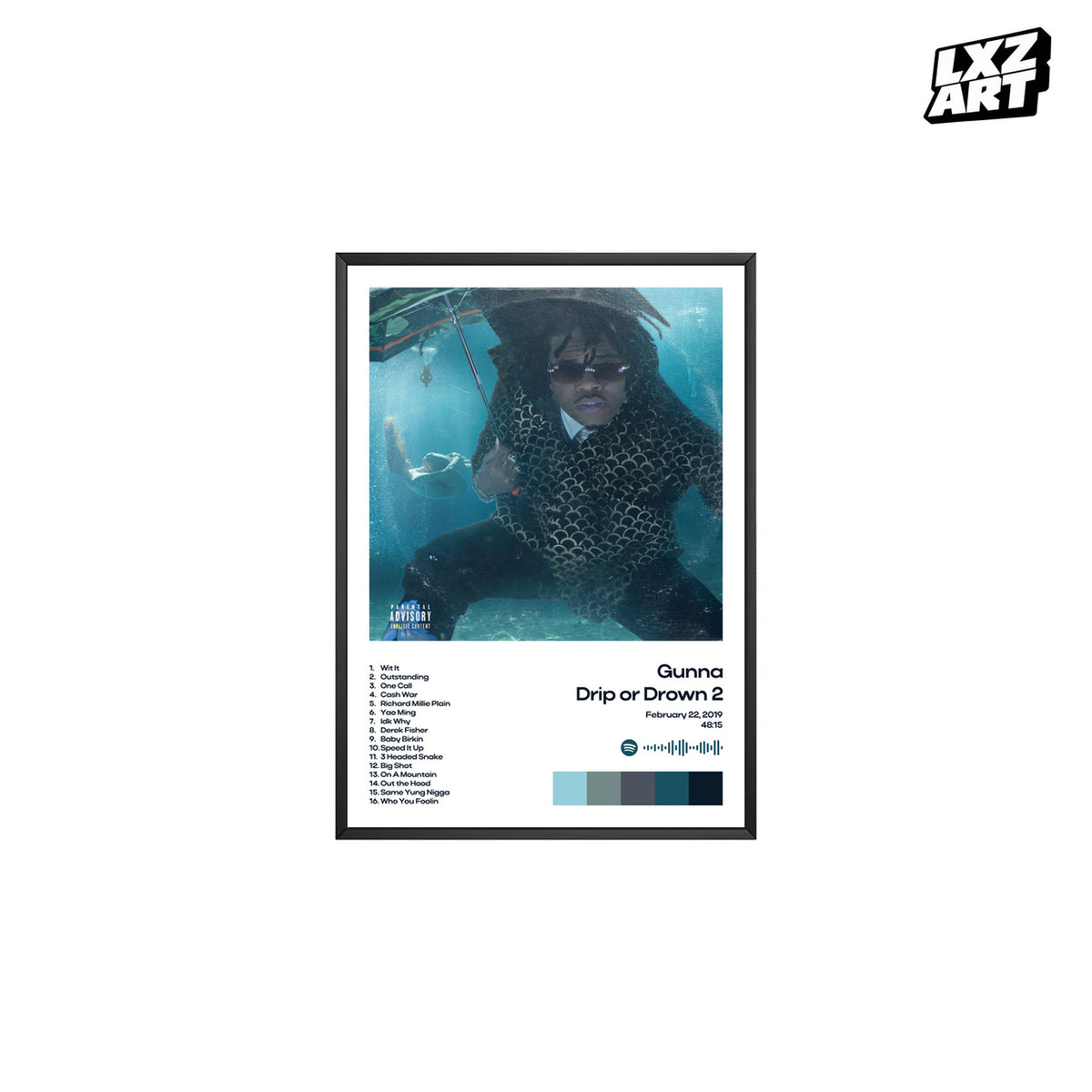 Gunna Drip or Drown 2 White Tracklist poster – white background black frame; frame not included