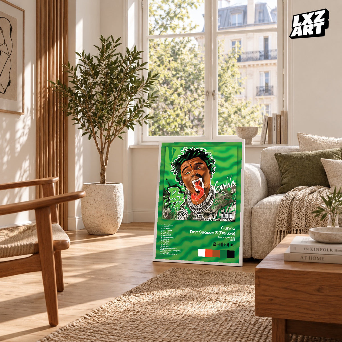 Gunna Drip Season 3 Deluxe Green Tracklist poster – sunlit room display; frame not included