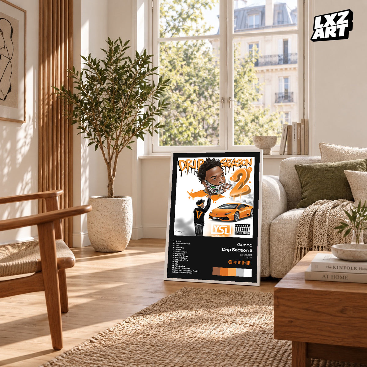 Gunna Drip Season 2 White Tracklist poster – sunlit room display; frame not included