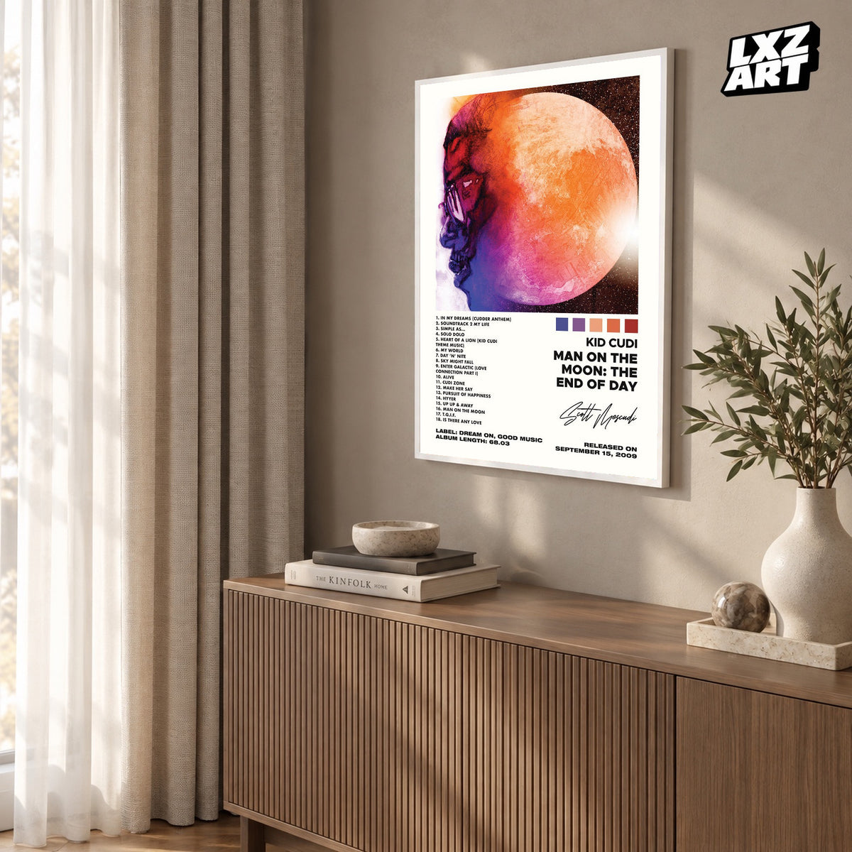 Kid Cudi Man on the Moon: The End of Day White Signature Tracklist poster; frame for display only