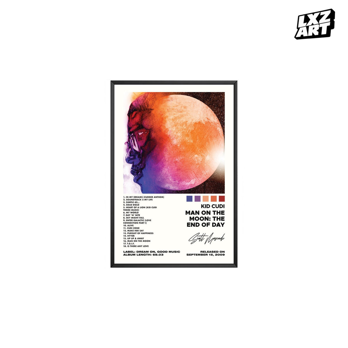 Kid Cudi Man on the Moon: The End of Day White Signature Tracklist poster; frame for display only
