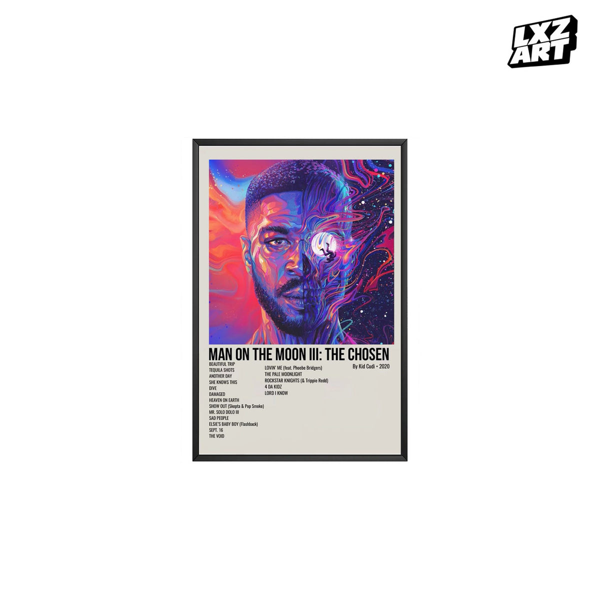 Kid Cudi Man on the Moon III: The Chosen Cream Tracklist poster; frame for display only