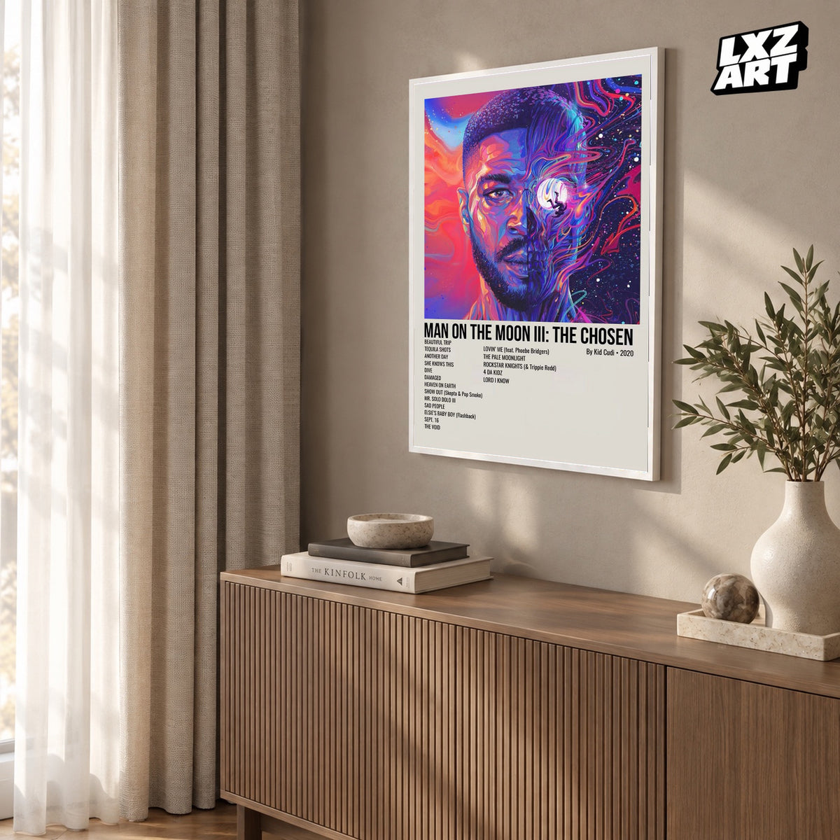 Kid Cudi Man on the Moon III: The Chosen Cream Tracklist poster; frame for display only