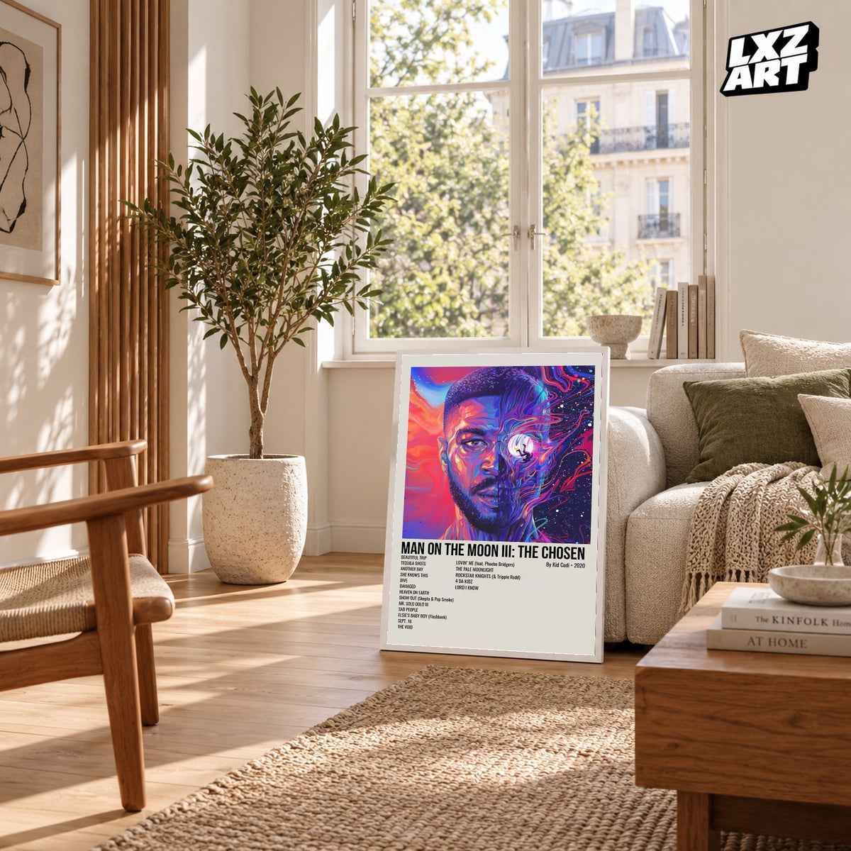 Kid Cudi Man on the Moon III: The Chosen Cream Tracklist poster; frame for display only