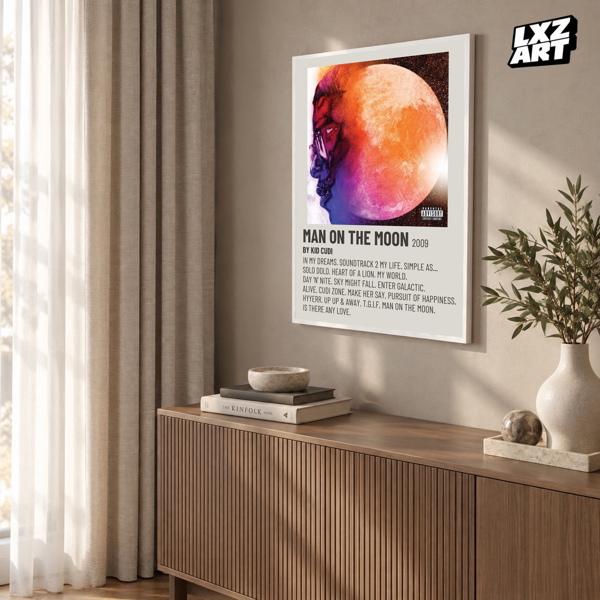 Kid Cudi Man on the Moon: The End of Day Minimal Cream Tracklist poster; frame for display only