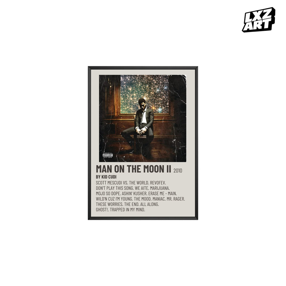 Kid Cudi Man on the Moon II: The Legend of Mr. Rager Minimal Cream Tracklist poster; frame for display only