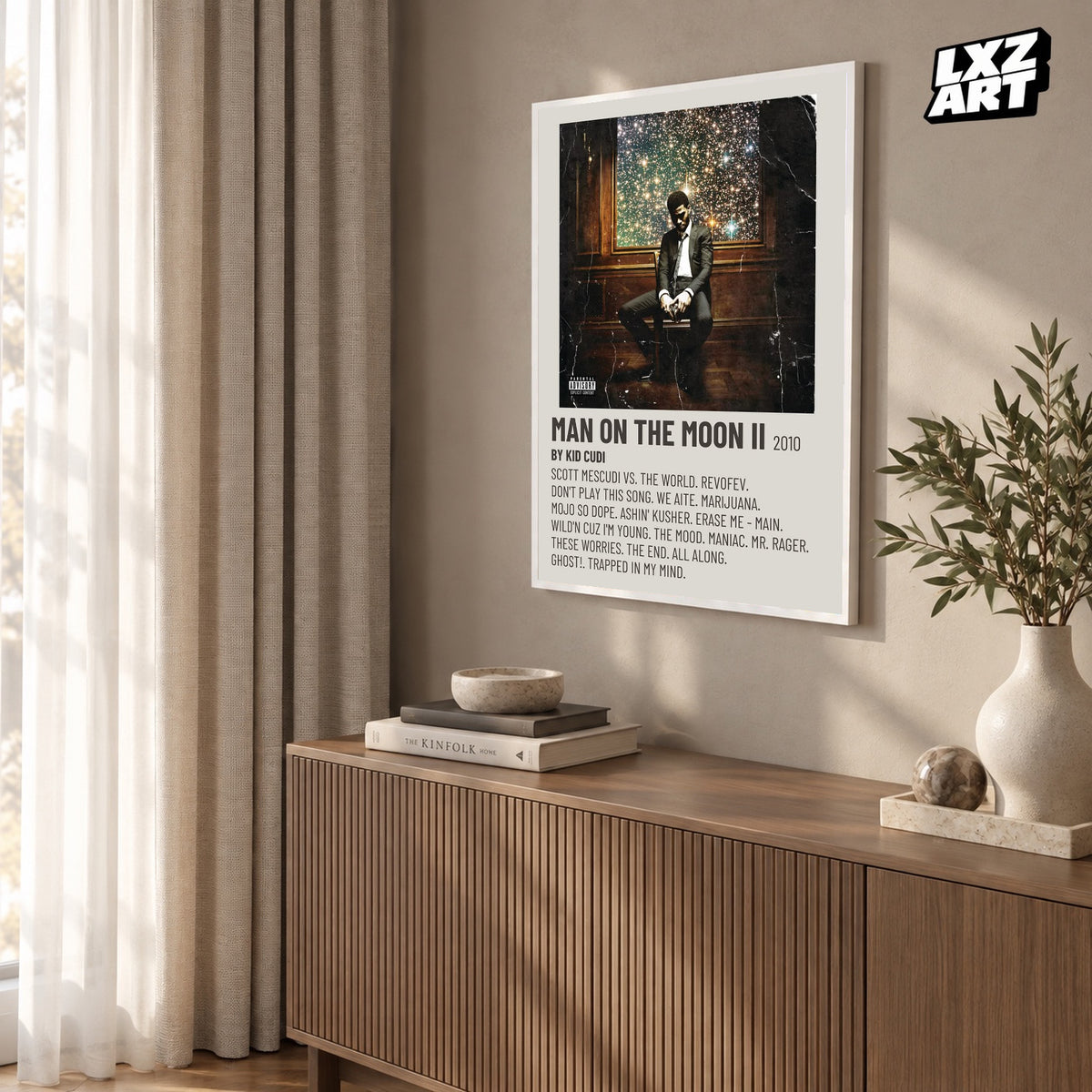 Kid Cudi Man on the Moon II: The Legend of Mr. Rager Minimal Cream Tracklist poster; frame for display only