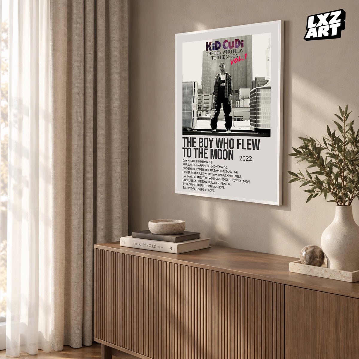 Kid Cudi The Boy Who Flew to the Moon Vol. 1 Cream Rooftop Tracklist poster; frame for display only