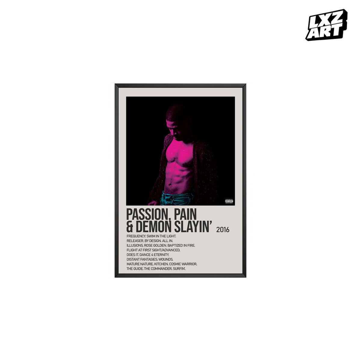 Kid Cudi Passion, Pain & Demon Slayin' Cream Magenta Tracklist poster; frame for display only