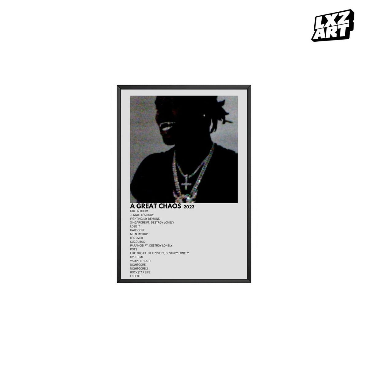 Ken Carson A Great Chaos Gray Minimal Tracklist poster; frame for display only