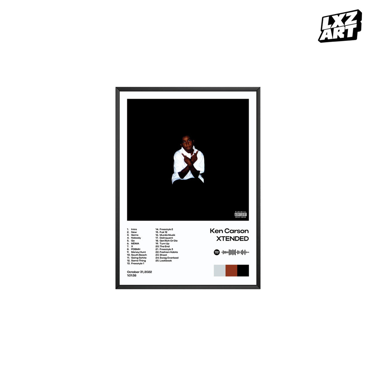 Ken Carson XTENDED White Minimal Tracklist poster; frame for display only
