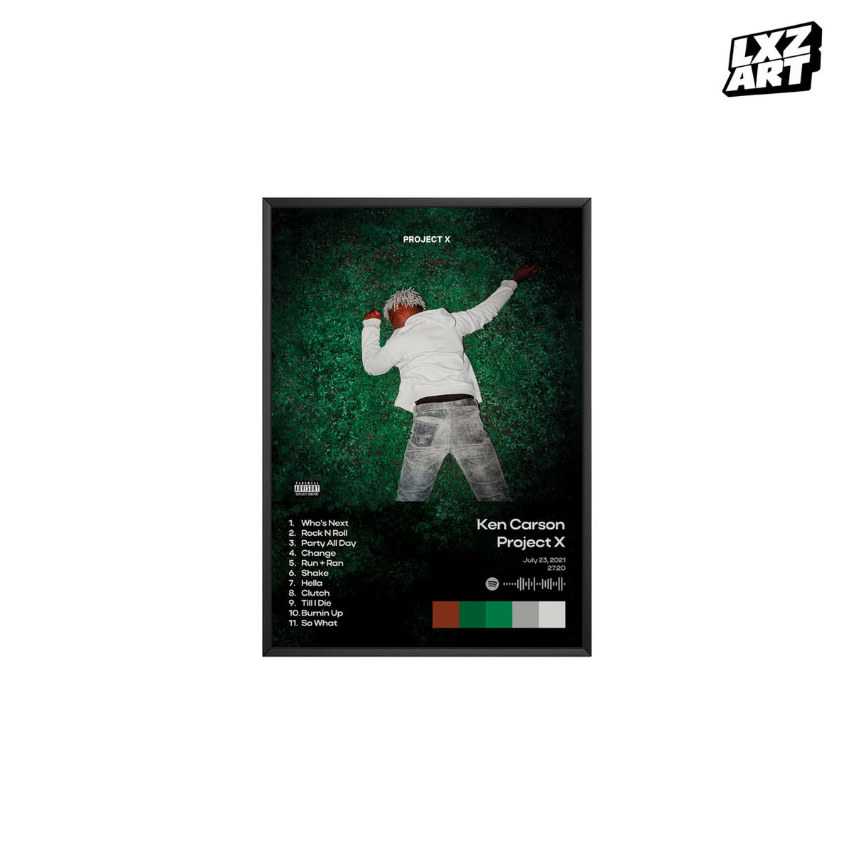 Ken Carson Project X Black Color Palette Tracklist poster; frame for display only